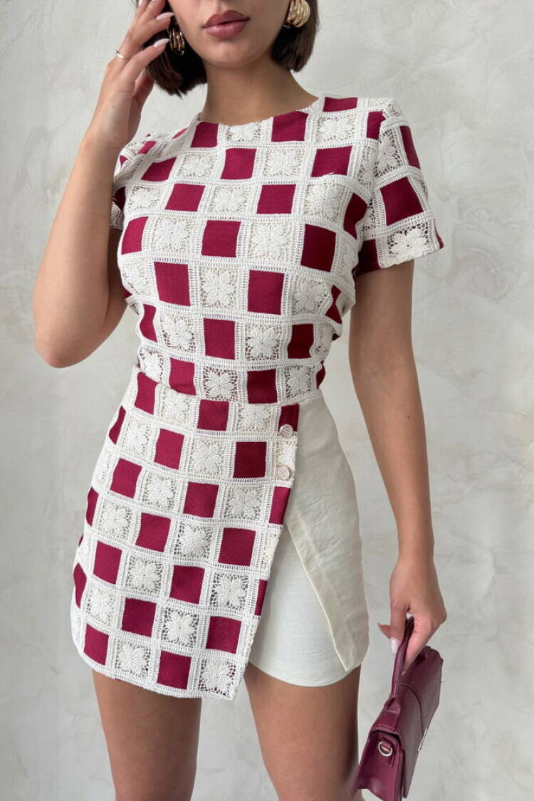 Short Sleeve Checkered Blouse - Raw Burgundy