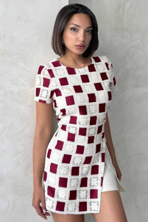 Short Sleeve Checkered Blouse - Raw Burgundy - Brand: Topshow - Women's Clothing Wholesale - Globality Store