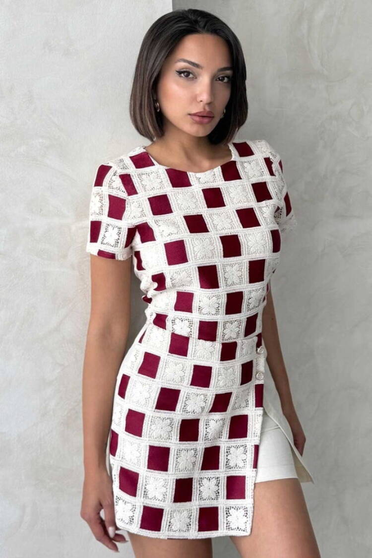 Short Sleeve Checkered Blouse - Raw Burgundy - Brand: Topshow - Women's Clothing Wholesale - Globality Store