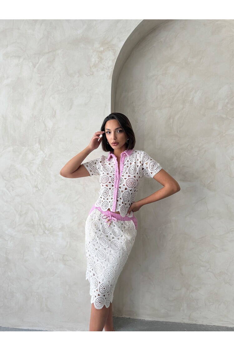 D 2796 Denim Detailed Lace Long Skirt - Raw Pink