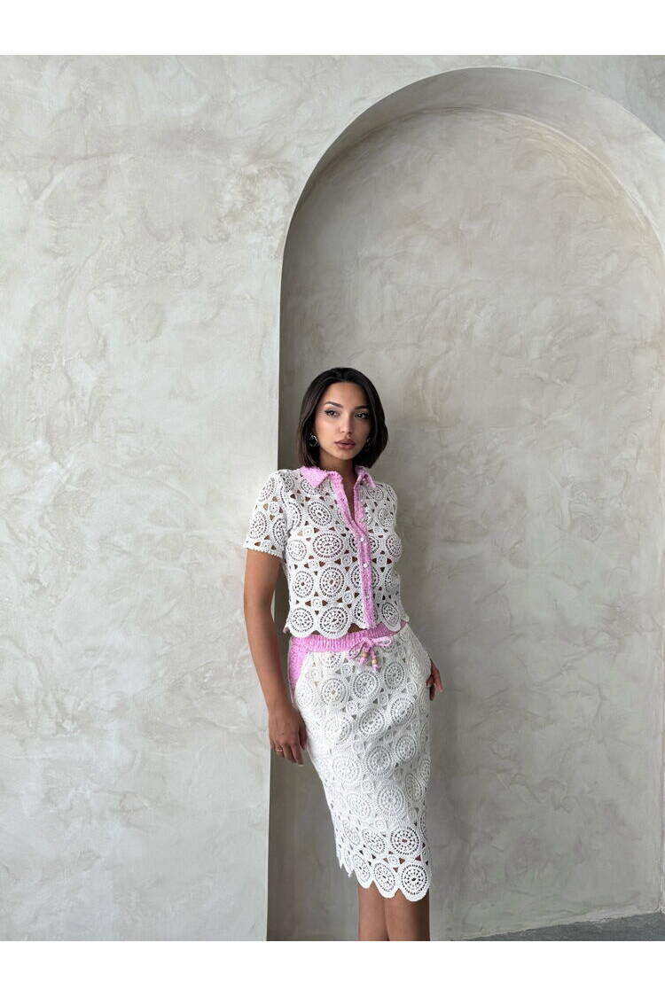 D 2796 Denim Detailed Lace Long Skirt - Raw Pink