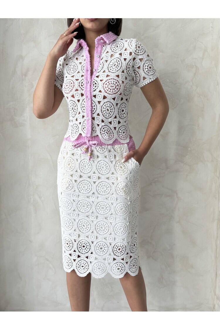 D 2796 Denim Detailed Lace Long Skirt - Raw Pink