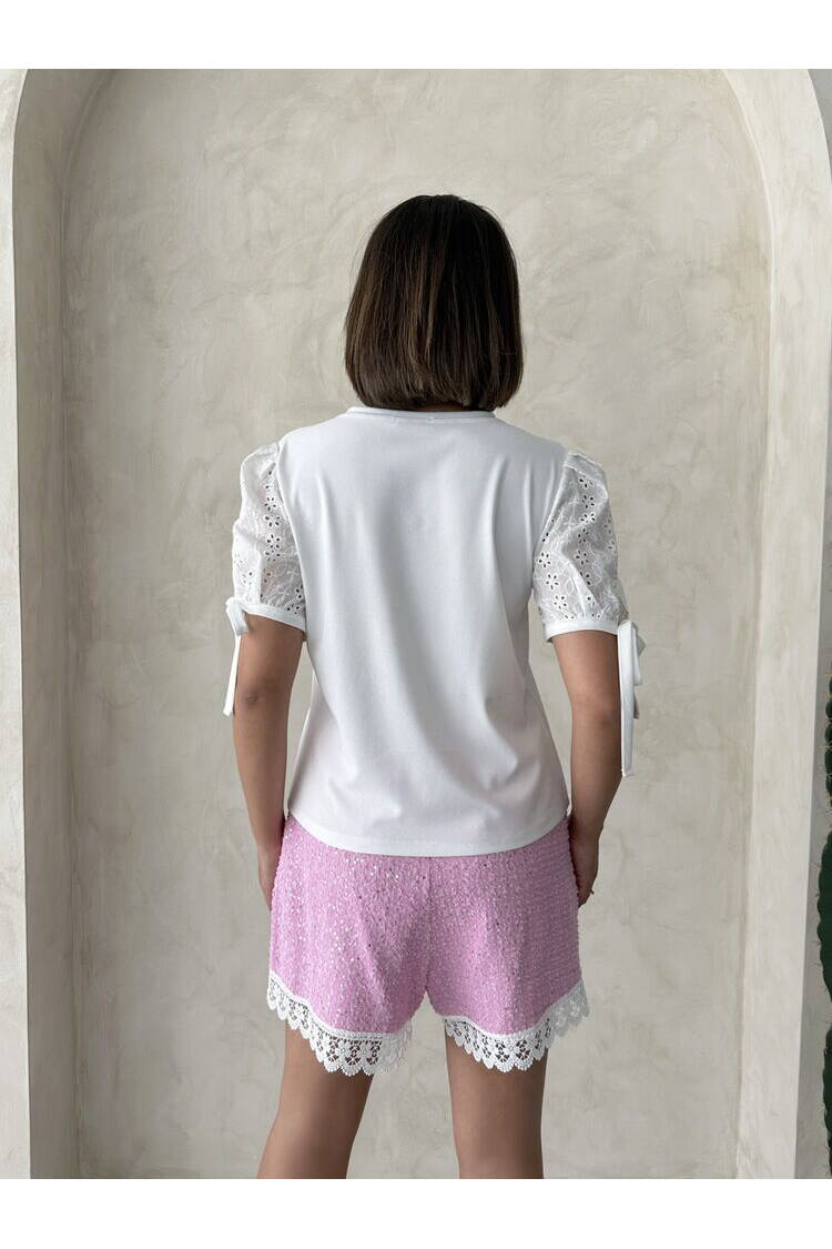 Guipure Detail Sequin Denim Shorts