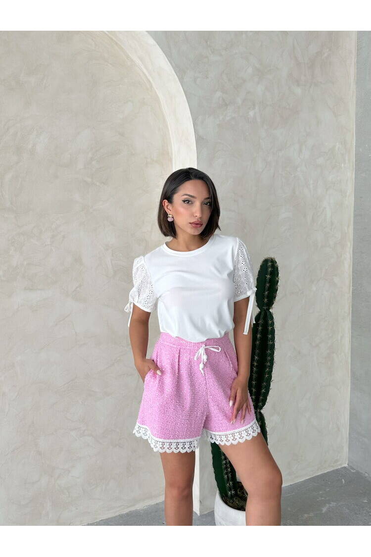 Guipure Detail Sequin Denim Shorts
