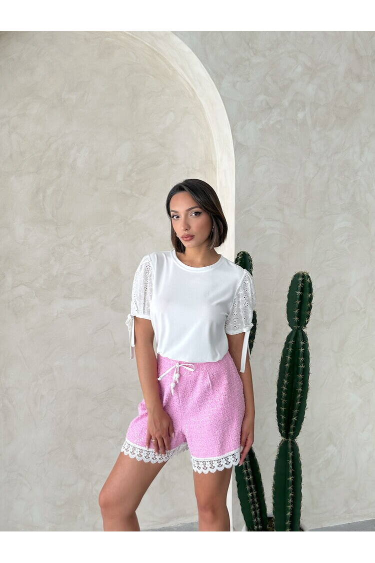 Guipure Detail Sequin Denim Shorts