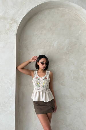 Embroidered Raw Blouse - Stone - Brand: Topshow - Women's Clothing Wholesale - Globality Store