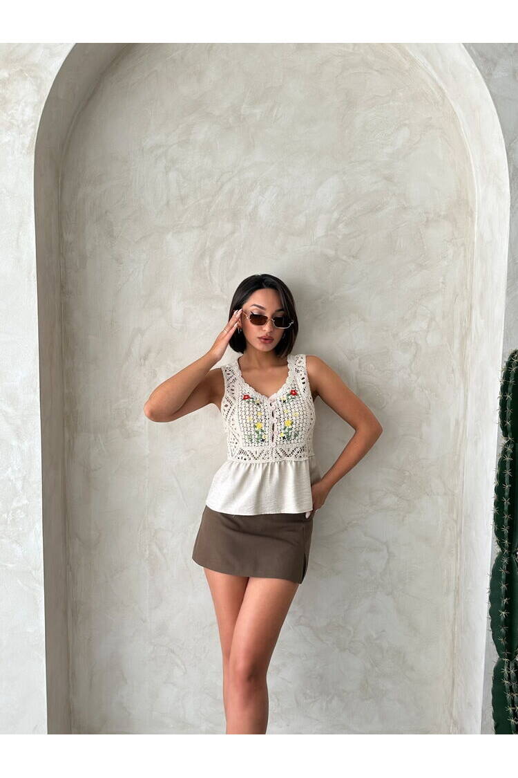 Embroidered Raw Blouse - Stone