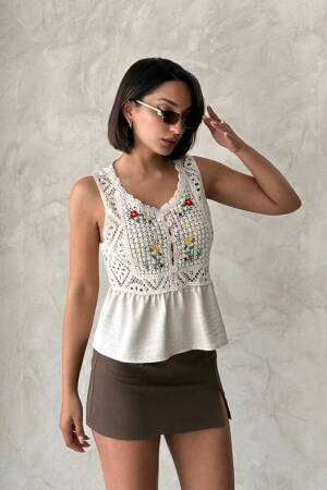Embroidered Raw Blouse - Stone - Brand: Topshow - Women's Clothing Wholesale - Globality Store