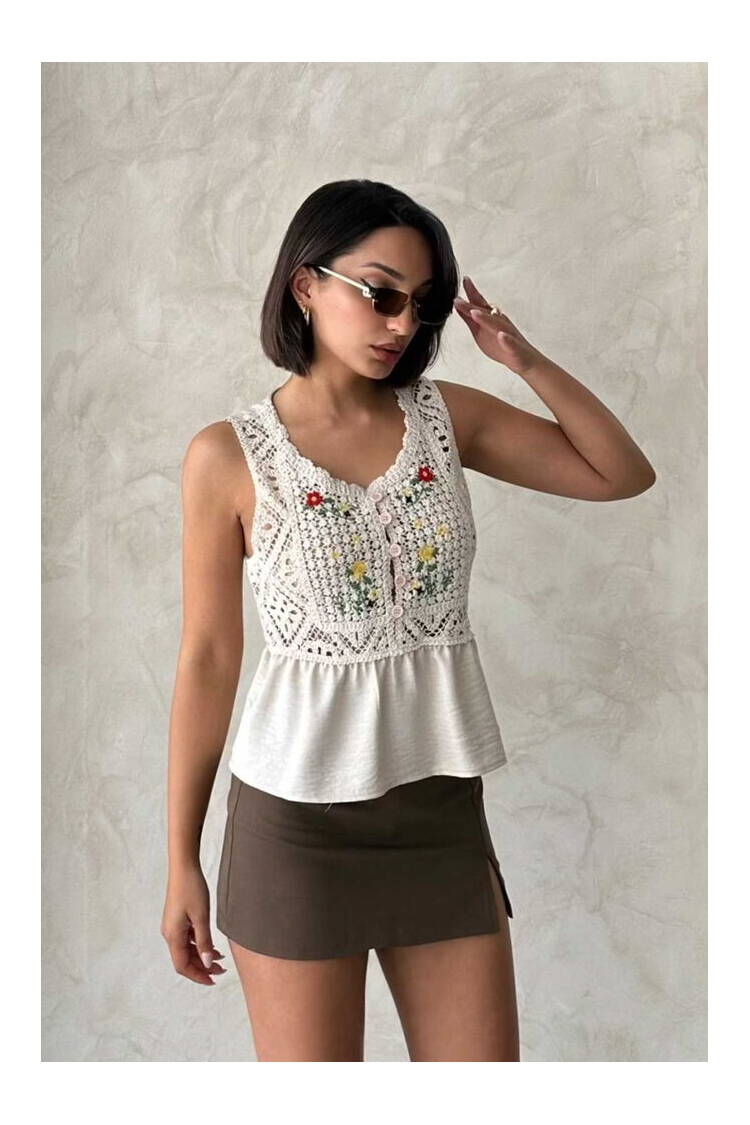Embroidered Raw Blouse - Stone - Brand: Topshow - Women's Clothing Wholesale - Globality Store