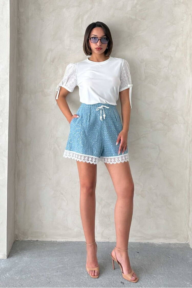 Guipure Detail Sequin Denim Shorts - Brand: Topshow - Women's Clothing Wholesale - Globality Store