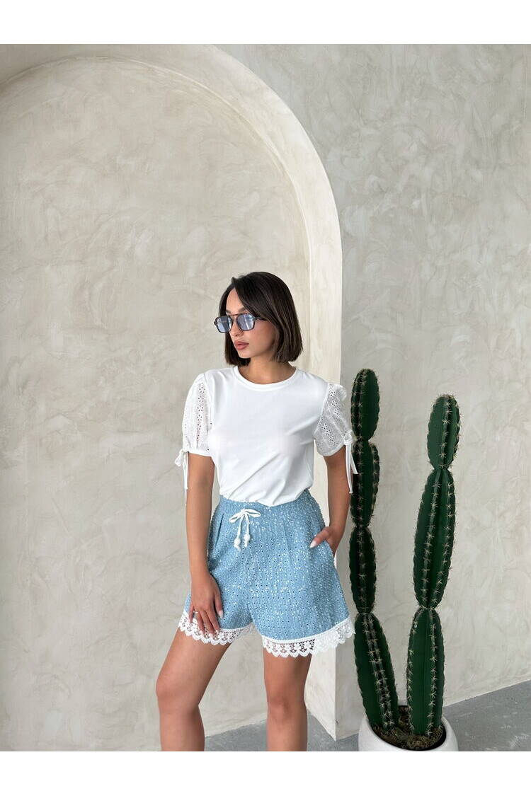 Guipure Detail Sequin Denim Shorts
