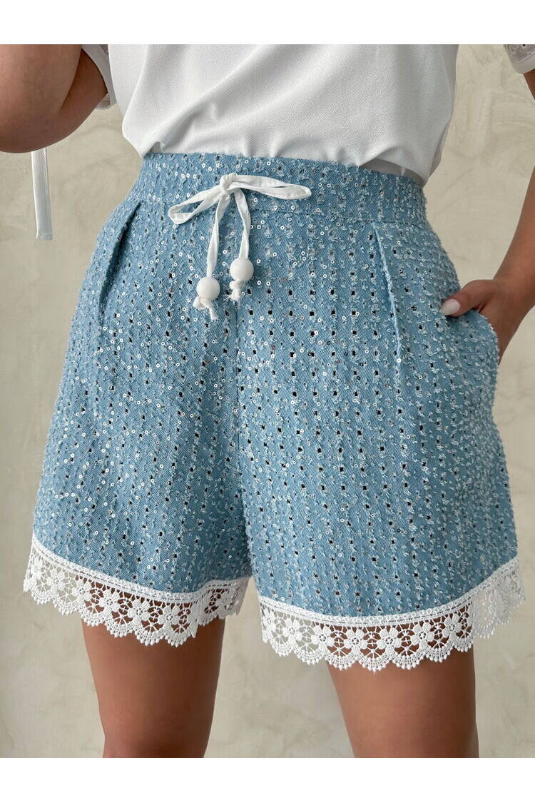 Guipure Detail Sequin Denim Shorts