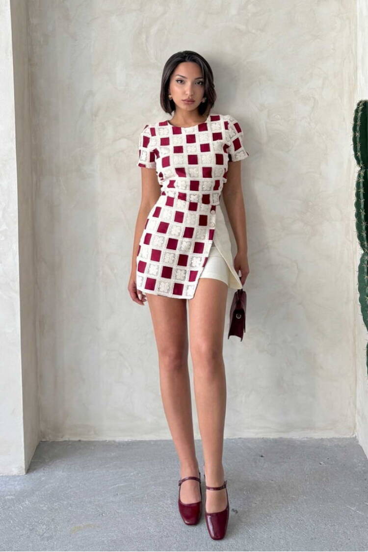 Lace Detailed Shorts - Stone Burgundy - Brand: Topshow - Women's Clothing Wholesale - Globality Store