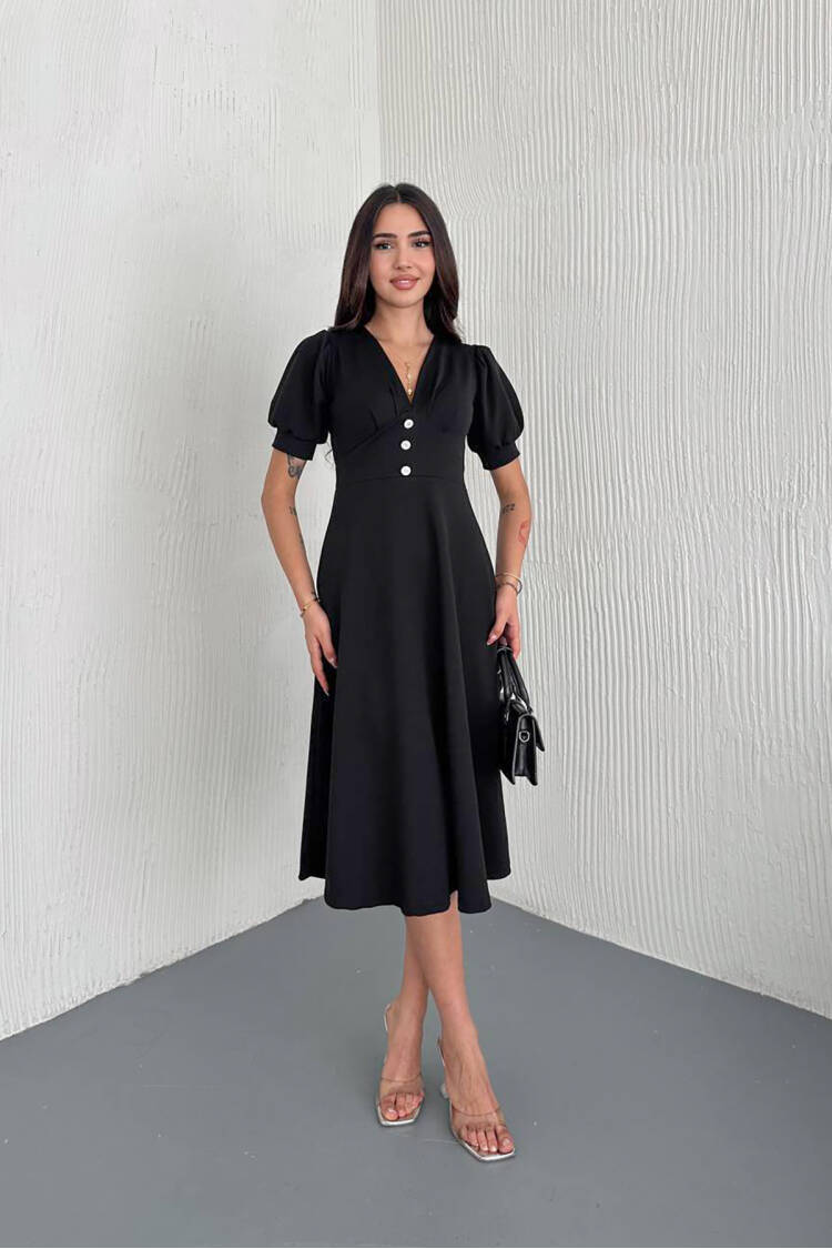 V-neck Button Detailed Midi Dress