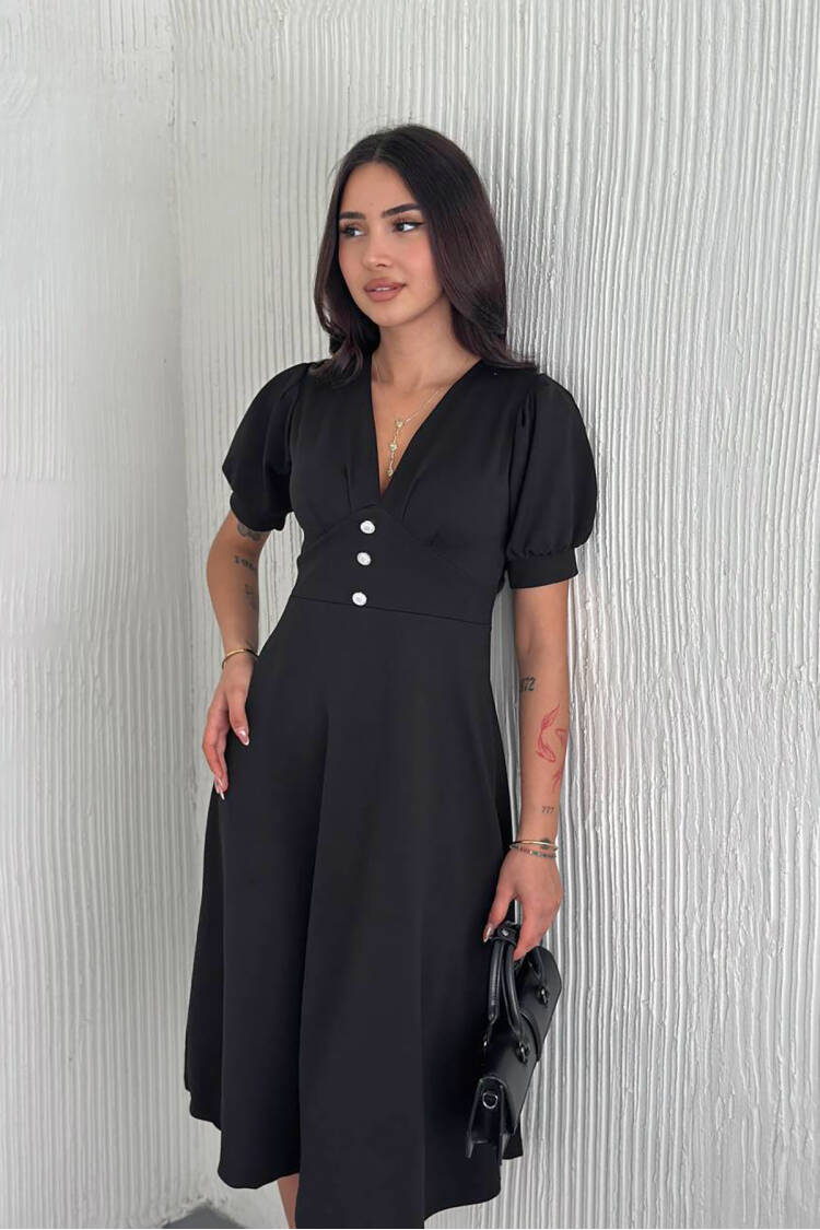 V-neck Button Detailed Midi Dress - Brand: Mode Roy - Women's Clothing Wholesale - Globality Store