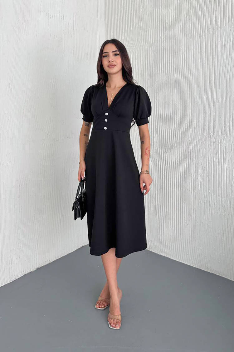 V-neck Button Detailed Midi Dress