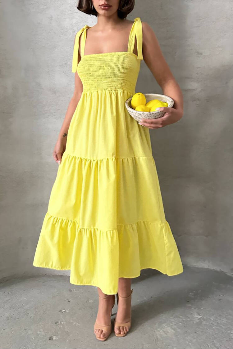 Strappy Poplin Fabric Summer Dress - Yellow - Mode Roy - Globality Store - Women Clothes Wholesale Turkey