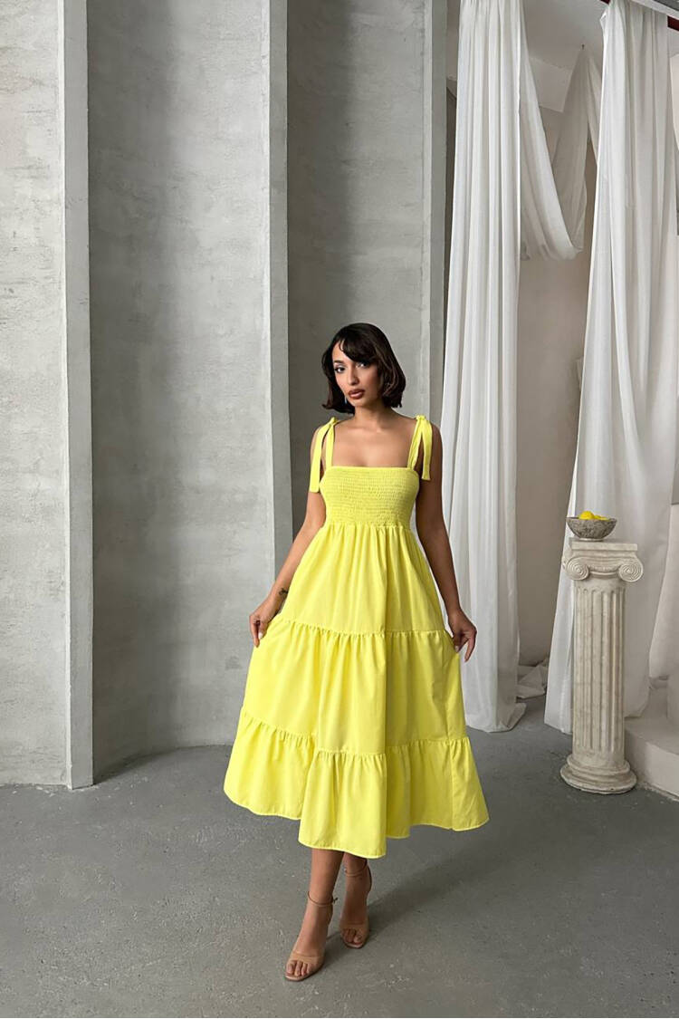 Strappy Poplin Fabric Summer Dress - Yellow