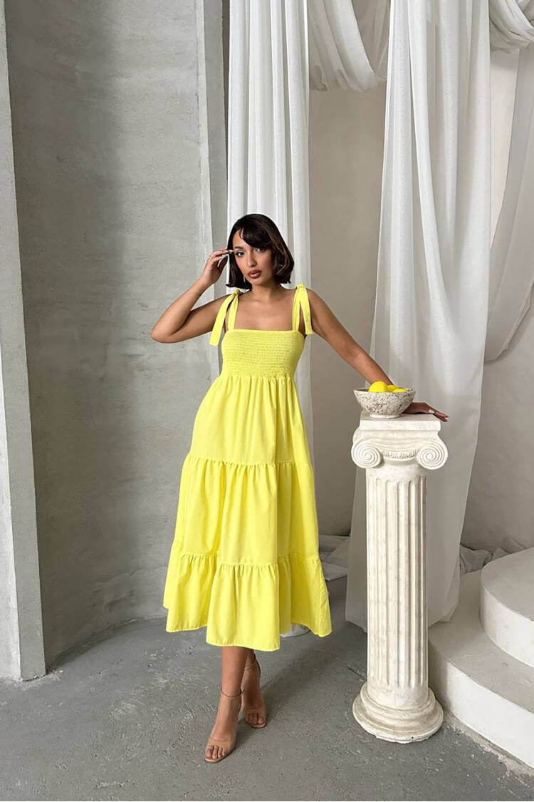 Strappy Poplin Fabric Summer Dress - Yellow