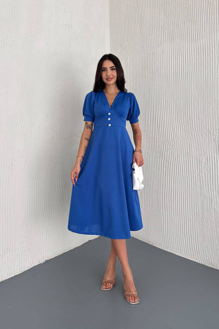 V-neck Button Detailed Midi Dress - Brand: Mode Roy - Women's Clothing Wholesale - Globality Store