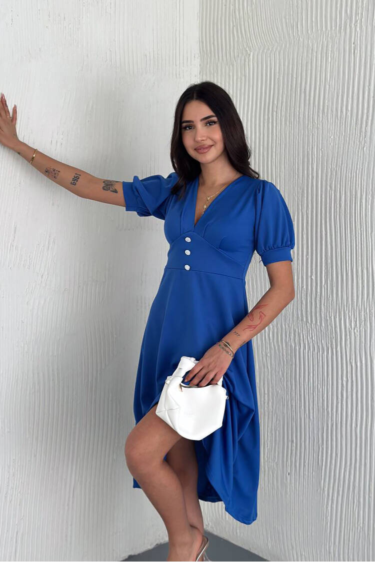 V-neck Button Detailed Midi Dress