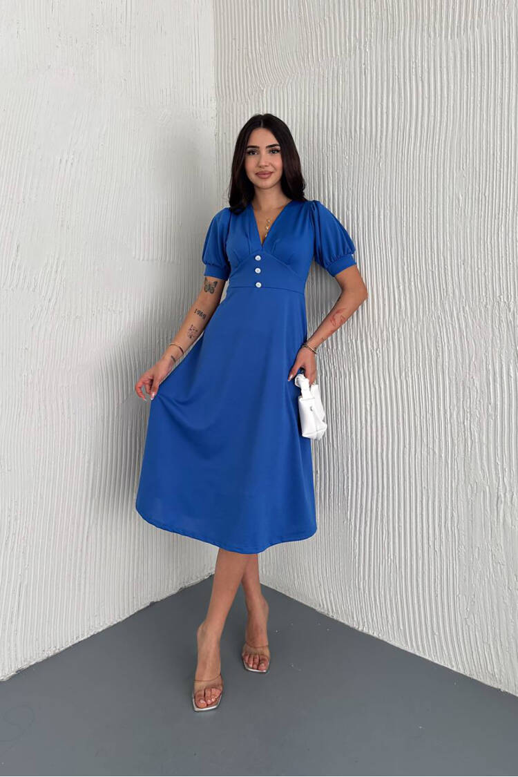 V-neck Button Detailed Midi Dress
