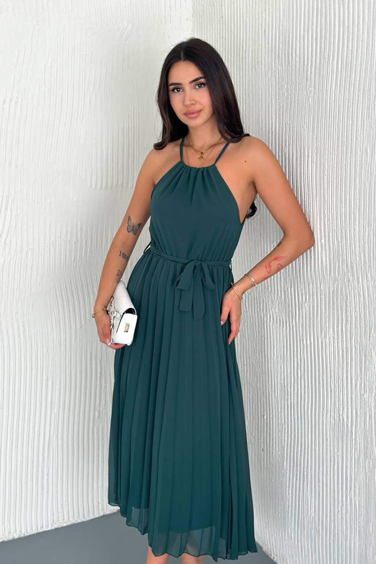 Strappy Midi Length Chiffon Dress With Belt - Mode Roy - Globality Store - Women Clothes Wholesale Turkey