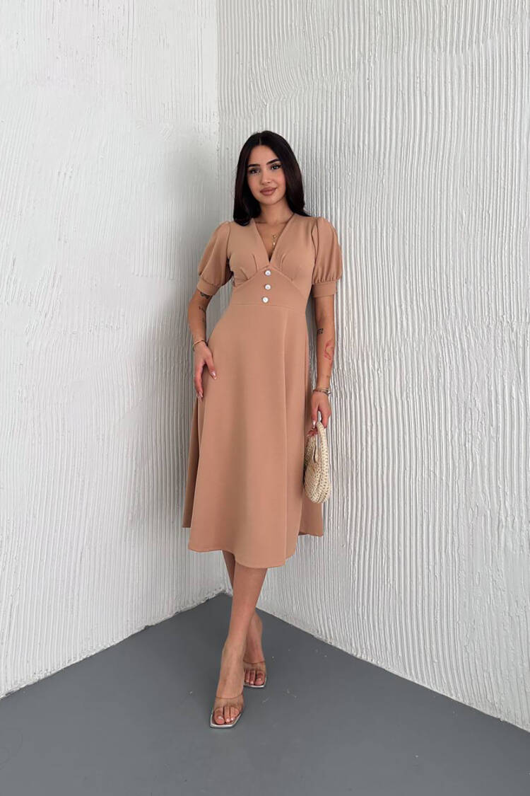V-neck Button Detailed Midi Dress