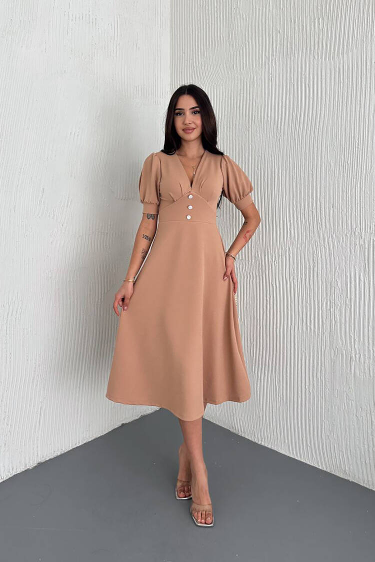 V-neck Button Detailed Midi Dress