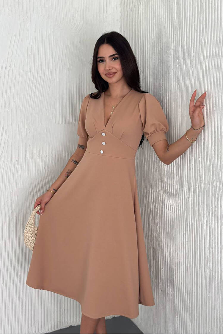 V-neck Button Detailed Midi Dress - Brand: Mode Roy - Women's Clothing Wholesale - Globality Store