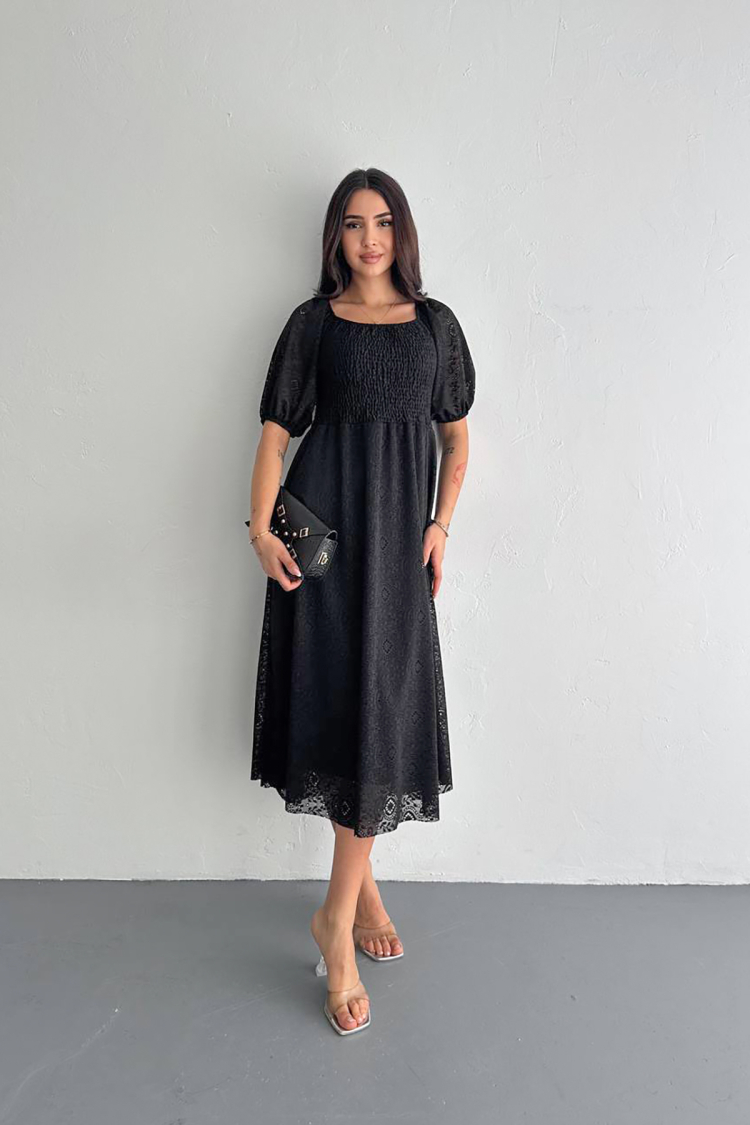 Square Neck Lace Dress - Black