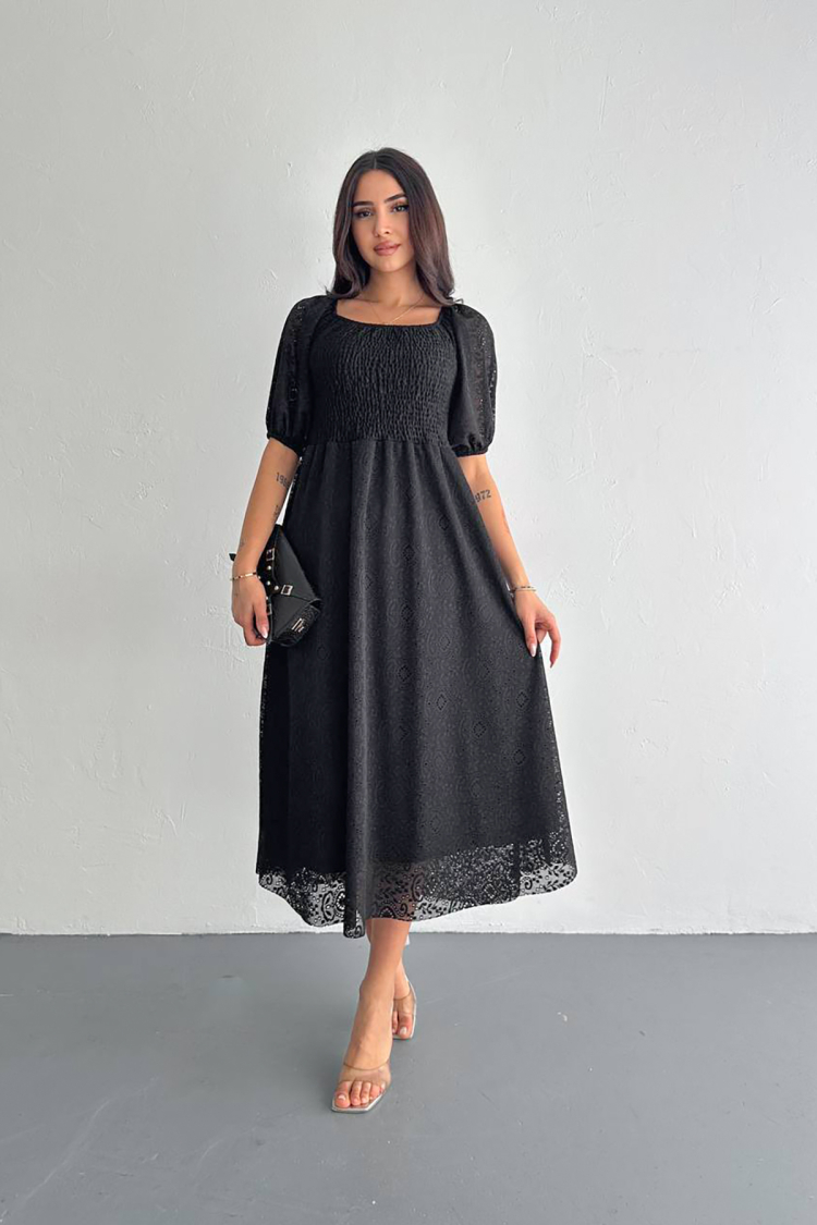 Square Neck Lace Dress - Black