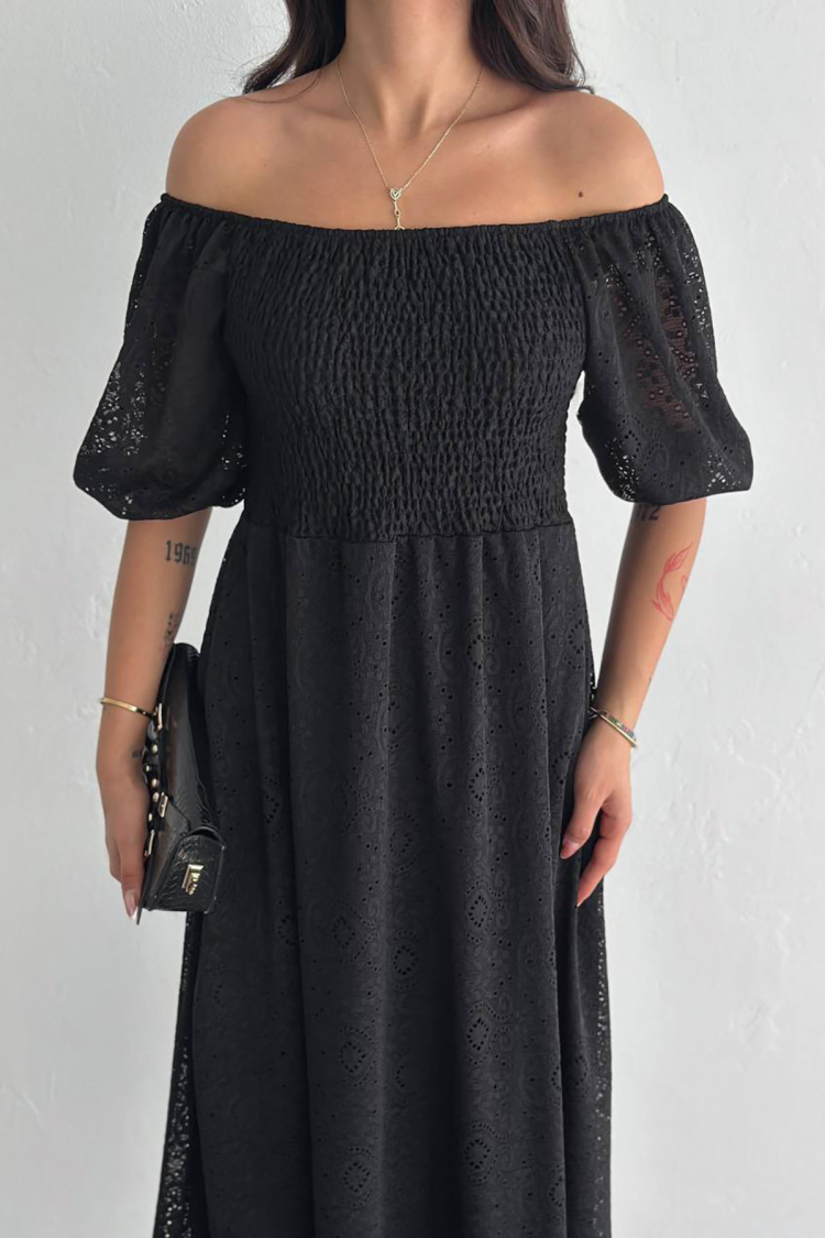 Square Neck Lace Dress - Black - Mode Roy - Globality Store - Women Clothes Wholesale Turkey
