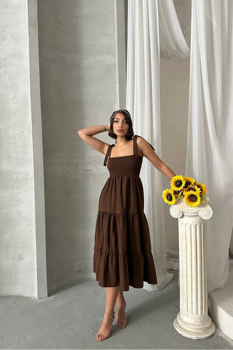 Coffee Strap Poplin Fabric Summer Dress - Brand: Mode Roy - Women's Clothing Wholesale - Globality Store