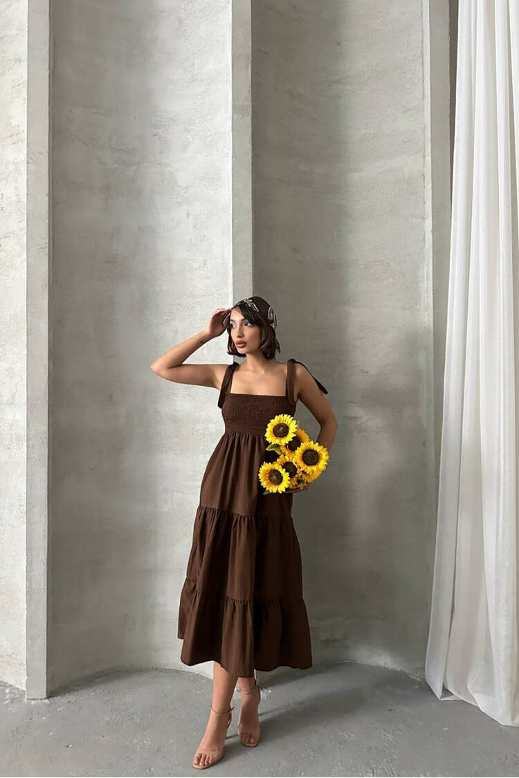Coffee Strap Poplin Fabric Summer Dress - Brand: Mode Roy - Women's Clothing Wholesale - Globality Store