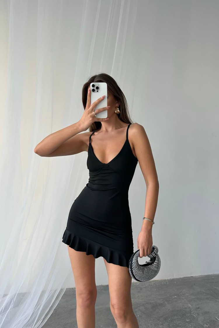Frilled Skirt Mini Dress - Black