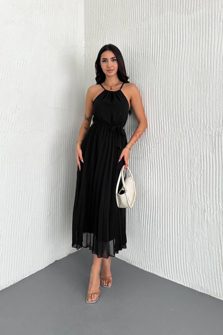 Strappy Midi Chiffon Dress With Belt - Mode Roy - Globality Store - Women Clothes Wholesale Turkey