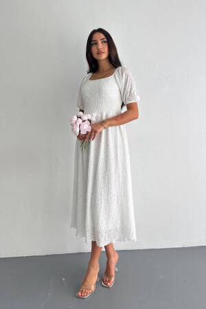 Square Neck Lace Dress - White - Mode Roy - Globality Store - Women Clothes Wholesale Turkey
