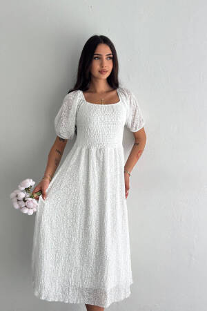 Square Neck Lace Dress - White - Mode Roy - Globality Store - Women Clothes Wholesale Turkey