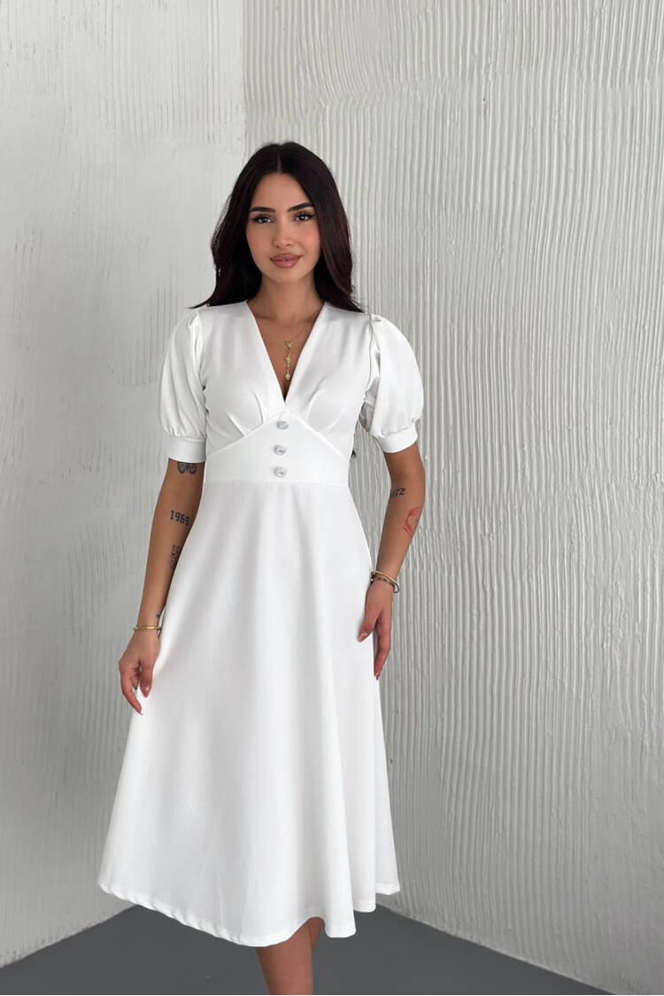 V-neck Button Detailed Midi Dress - Brand: Mode Roy - Women's Clothing Wholesale - Globality Store