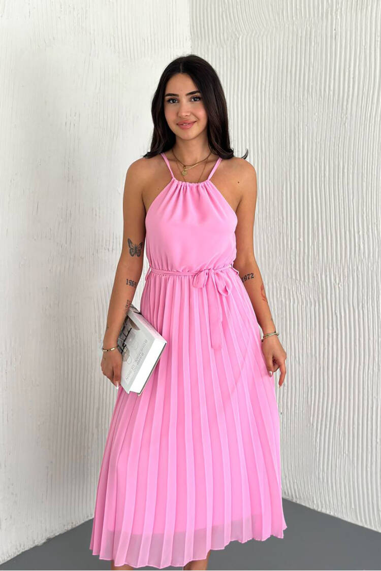 Strappy Midi Chiffon Dress With Belt