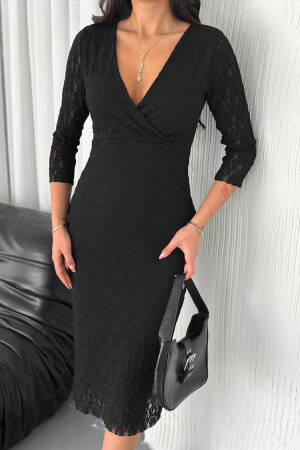 Double Neck Lace Dress - Black - Mode Roy - Globality Store - Women Clothes Wholesale Turkey
