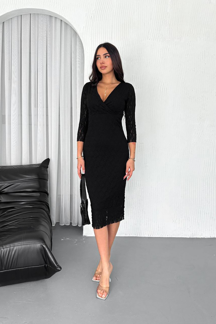 Double Neck Lace Dress - Black
