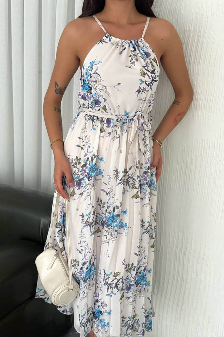 Floral Print Strappy Summer Chiffon Dress - Mode Roy - Globality Store - Women Clothes Wholesale Turkey