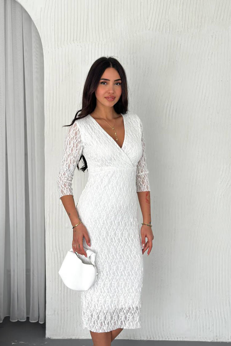 Double Collar Lace Dress - White - Mode Roy - Globality Store - Women Clothes Wholesale Turkey