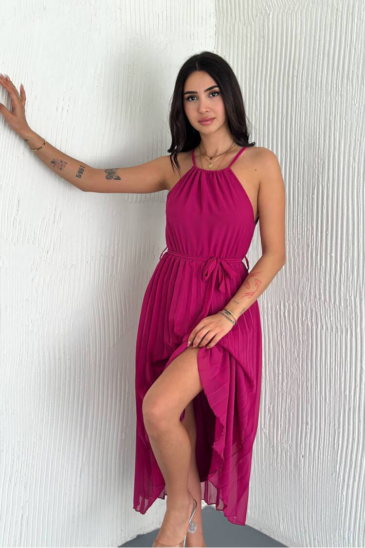 Strappy Midi Length Chiffon Dress With Belt - Mode Roy - Globality Store - Women Clothes Wholesale Turkey