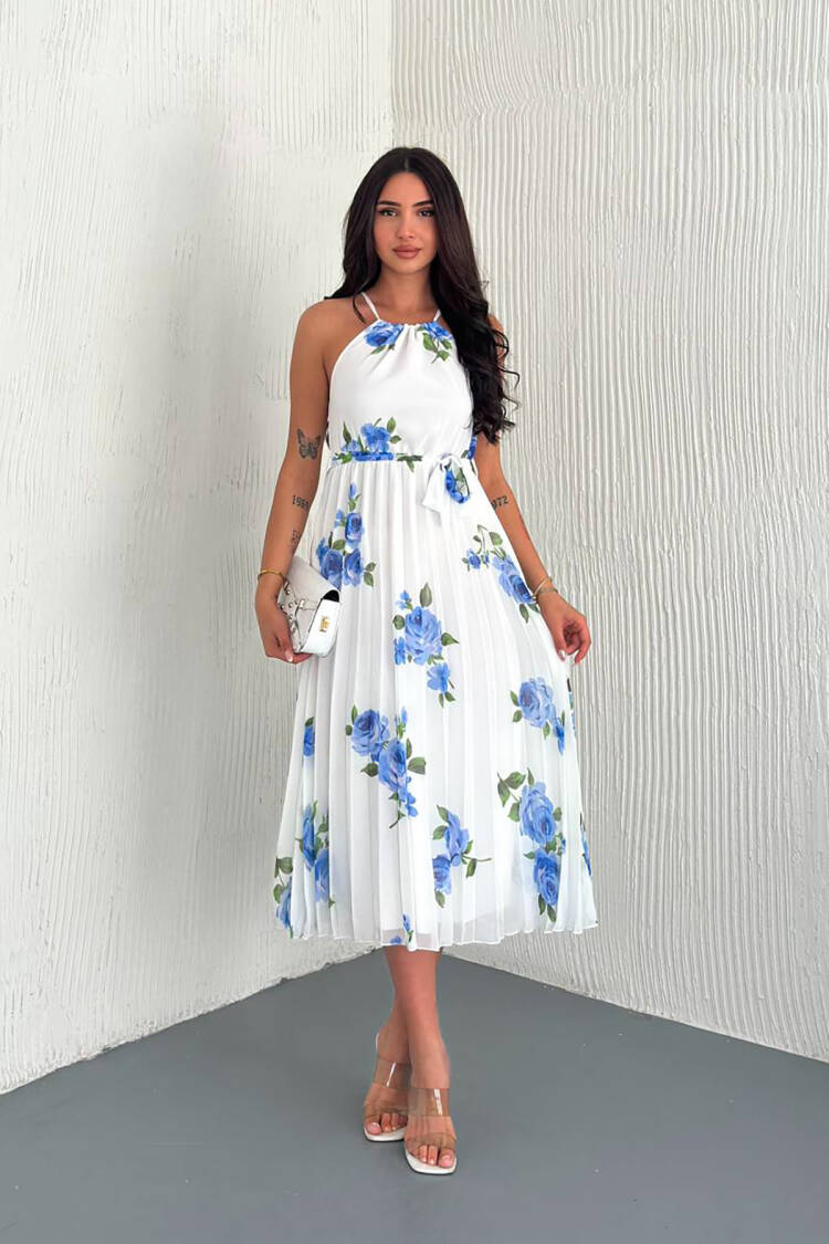 Floral Print Strappy Summer Chiffon Dress - Mode Roy - Globality Store - Women Clothes Wholesale Turkey
