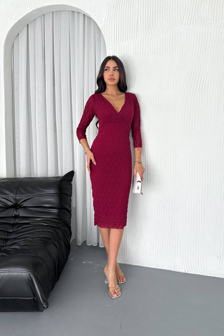 Double Neck Lace Dress - Burgundy