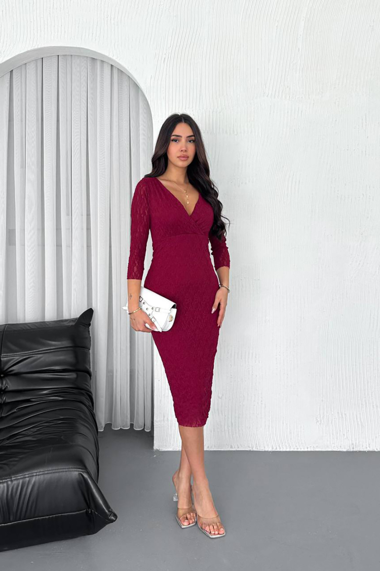 Double Neck Lace Dress - Burgundy