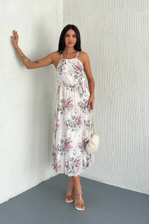 Floral Print Strappy Summer Chiffon Dress - Multicolor - Mode Roy - Globality Store - Women Clothes Wholesale Turkey
